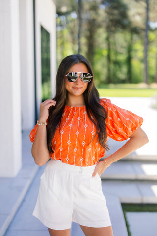Tangerine Dream Embroidered Puff Sleeve Top