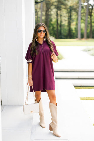 Burgundy Polo Collar Puff Sleeve Mini Dress
