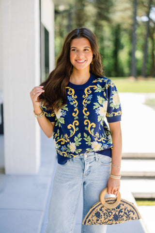 Navy Floral Short Sleeve Sweater Top - Instyle Boutique