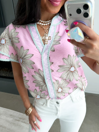 Pink Daisy Print Flutter Sleeve Top - Instyle Boutique