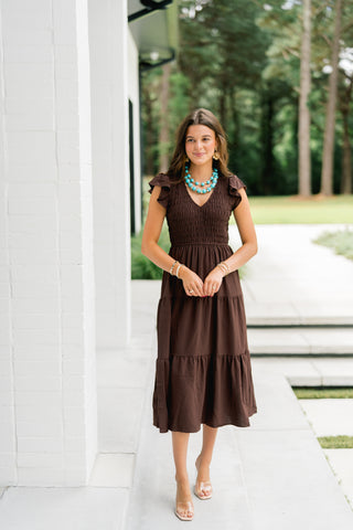 Rylee Ruffled Sleeve Dress-Chocolate