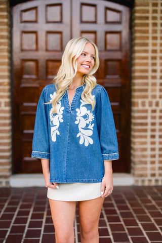Denim Daydream Embroidered Top - Instyle Boutique