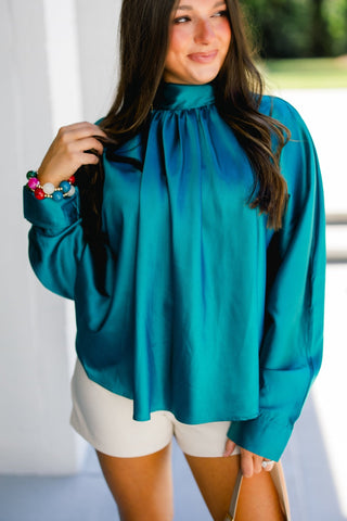 She's The Moment Teal Satin Top - Instyle Boutique