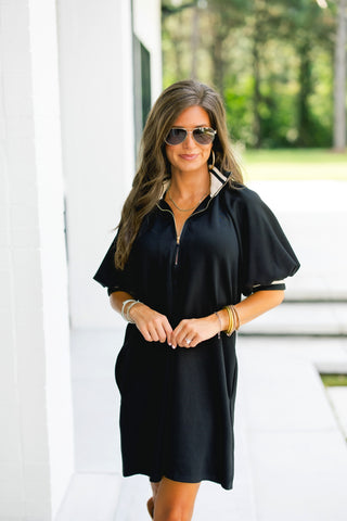Black Polo Collar Puff Sleeve Mini Dress