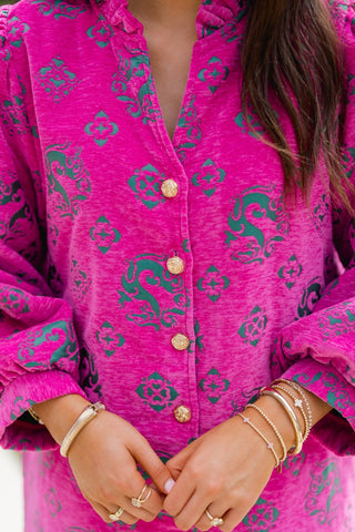 Vibrant Hot Pink Jacquard Ruffled Button - Down Mini Dress - Instyle Boutique