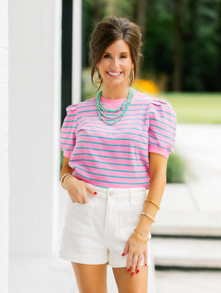 Pink Stripe Puff Shoulder Sweatshirt Top - Instyle Boutique