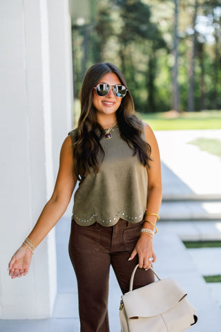 Places To Be Olive Studded Suede Top - Instyle Boutique