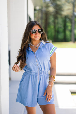 Bayou Blue Front Zip Romper - Instyle Boutique
