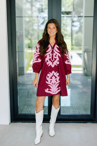 Burgundy Embroidered Ruffle Neck Mini Dress - Instyle Boutique
