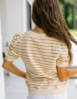 Ivory & Brown Stripe Puff Shoulder Sweatshirt Top - Instyle Boutique
