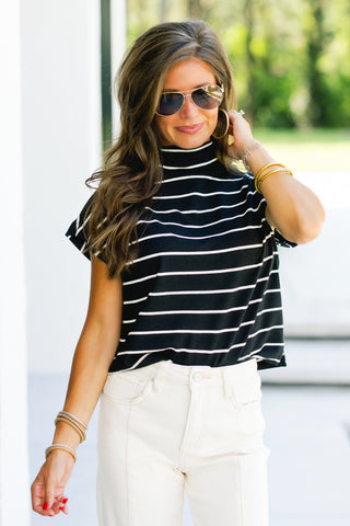 Millie Mock Neck Striped Top-Black