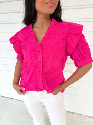 Hot Pink Embroidered Floral Top - Instyle Boutique
