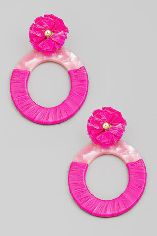 Hot Pink Raffia Wrapped Oval Earrings
