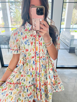 Flora Ric - Rac Button - Down Dress – Cinched Drawstring Waist - Instyle Boutique