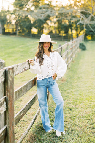 Stay Chic Denim Embroidered Top- White