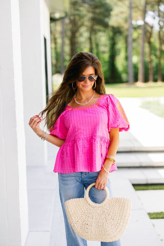 Fiesta Pink Embroidered Peplum Top - Instyle Boutique