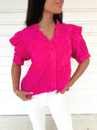 Hot Pink Embroidered Floral Top - Instyle Boutique