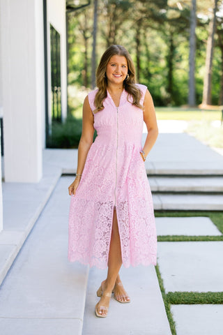 Pink Lace Zip - Front Midi Dress - Instyle Boutique