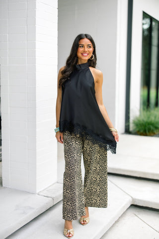 Black Satin Halter Top with Lace Hem - Instyle Boutique
