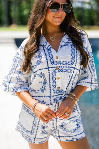 Blue Garden Print Button - Down Short Set - Instyle Boutique