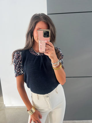 Lost In The Moment Navy Leopard Sleeve Top