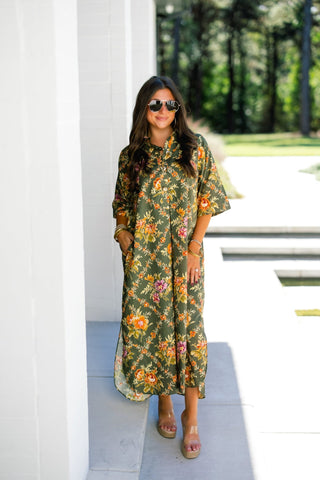 Garden Society Olive Floral Midi Dress - Instyle Boutique