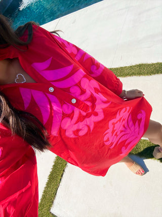Red Damask Embroidered Ruffle Neck Mini Dress - Instyle Boutique