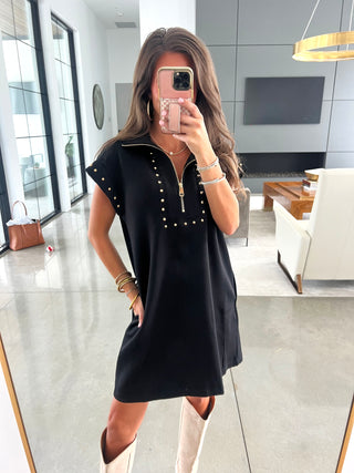Starlight Studded Black Zip Dress