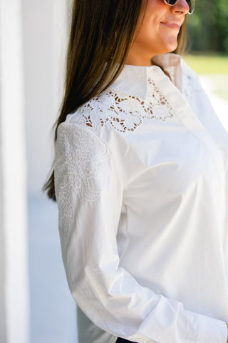 White Lace Cutout Button-Down Shirt - Instyle Boutique