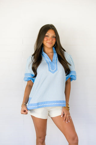 Coastal Classic Blue Puff Sleeve Top - Instyle Boutique