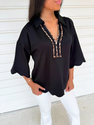 Wild Edge – Scallop Trim Collared Top - Instyle Boutique