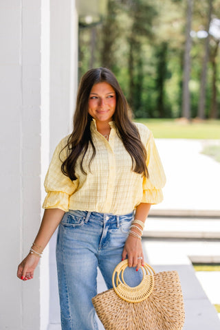 Butter Yellow Textured Puff Sleeve Button - Down Top - Instyle Boutique