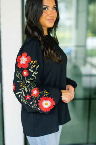 Every Now And Then Embroidered Black Top