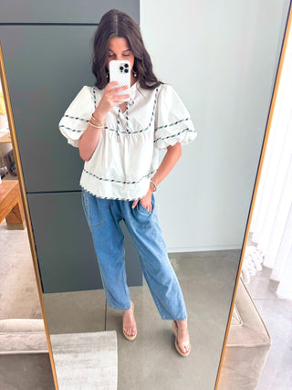 White Embroidered Trim Puff Sleeve Top - Instyle Boutique