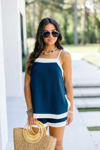 Navy & White Contrast Short Set