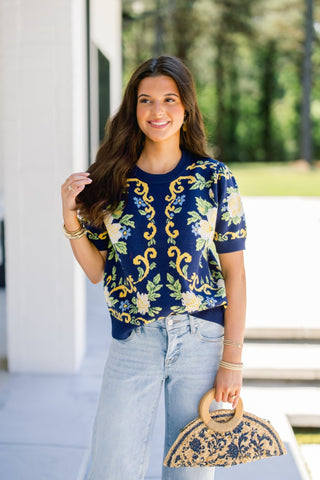 Navy Floral Short Sleeve Sweater Top - Instyle Boutique