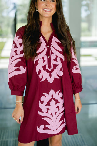 Burgundy Embroidered Ruffle Neck Mini Dress - Instyle Boutique