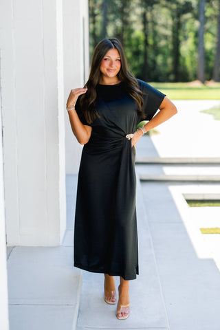 Black Satin Ruched Midi Dress - Instyle Boutique