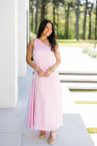 Pink One-Shoulder Midi Dress | Petal Trim