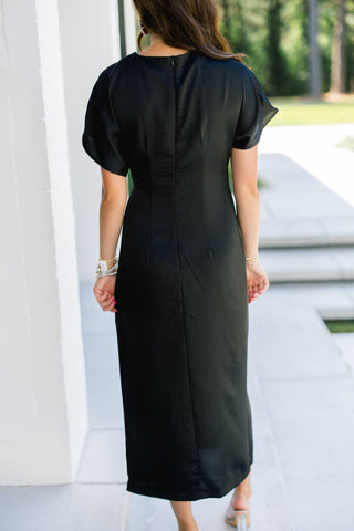 Black Satin Ruched Midi Dress - Instyle Boutique