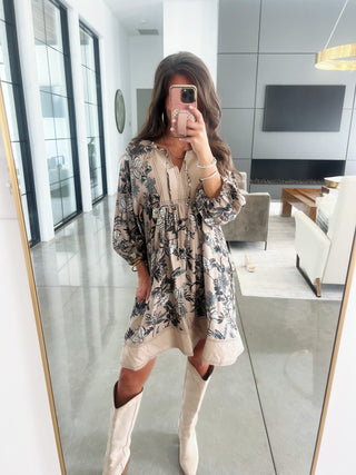 Boho Botanical Print Tunic Mini Dress