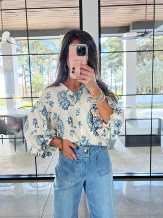 Carla Cream and Blue Printed Top - Instyle Boutique