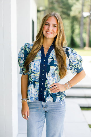 On Second Thought Navy Printed Top