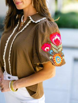 Cocoa Garden Embroidered Puff Sleeve Top - Instyle Boutique