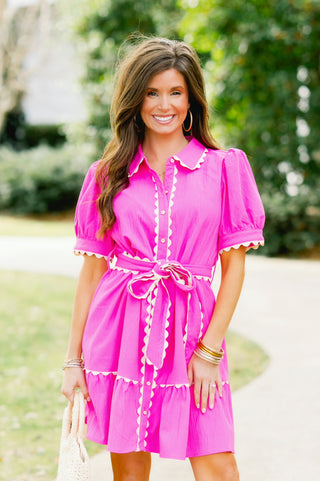 Fuchsia Scallop Trim Button - Down Mini Dress with Waist Tie - Instyle Boutique