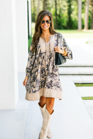 Boho Botanical Print Tunic Mini Dress