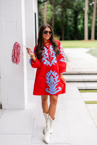 Red Embroidered Ruffle Neck Mini Dress - Instyle Boutique