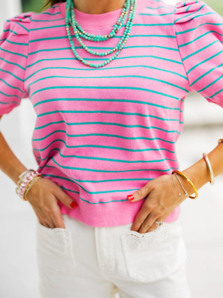 Pink Stripe Puff Shoulder Sweatshirt Top - Instyle Boutique