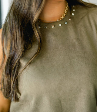 Places To Be Olive Studded Suede Top - Instyle Boutique