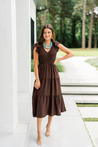 Rylee Ruffled Sleeve Dress-Chocolate